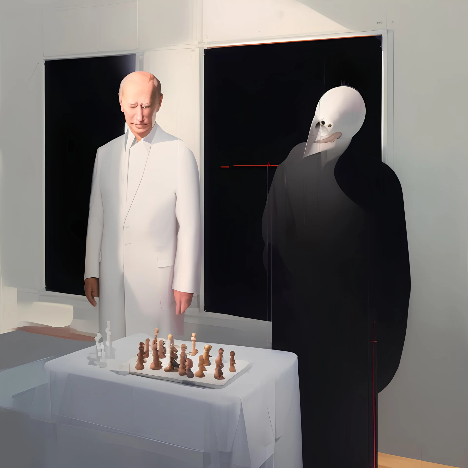 Putin, President Xi Of China And Joe Biden Play Chess With A Pigeon,Ufo And Atomic Bomb Mushroom Cloud,Complex Surgical Instruments Intermixed With A Newborn Boy,Minimalism,Painting By Adrian Ghenie,Rene Magritte,Pablo Picasso,Michelangelo,Salvador Dali,Lucian Freud