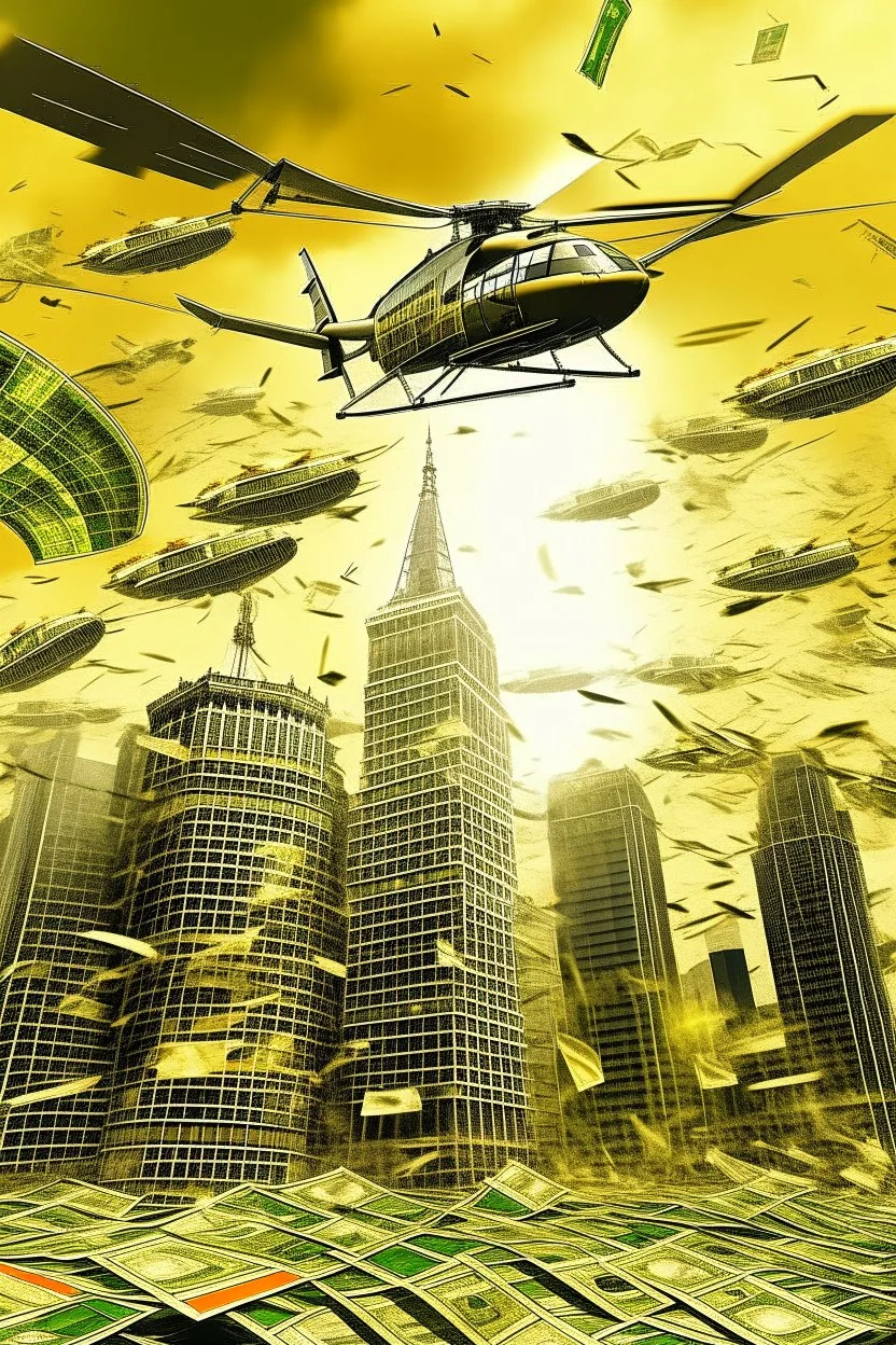 helicopters dropping dollar bills Robert Kiyosaki standing on golden skyskraper city burning in background STYLE OF HIROKU OGAI