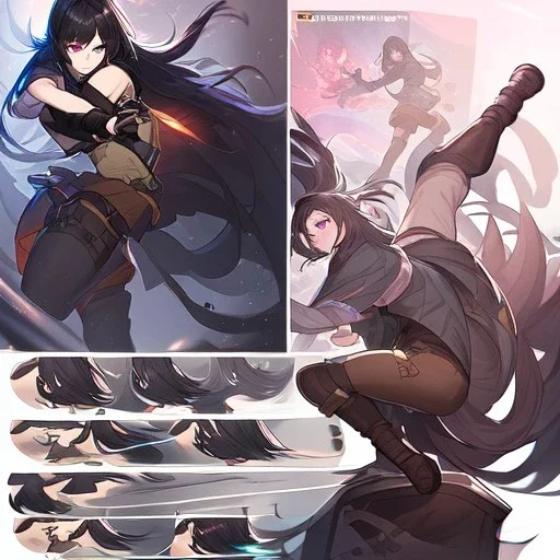 Clear focus,High resolution, Black long fluffy hair, long bangs, and pink eyes, Depressed girl, wearing a crop top sleevless, brown raggidy shorts, short black fingerless gloves, Concept art, Kicking pose, black long boots, fighting pose