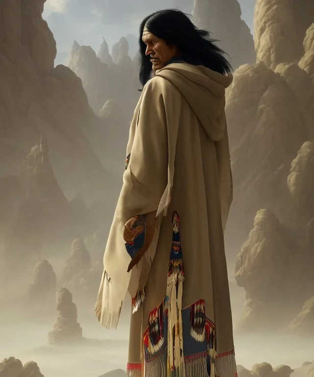 native american shaman, wise man, long black hair, black hooded coat like wings, 8k resolution concept art portrait by Greg Rutkowski