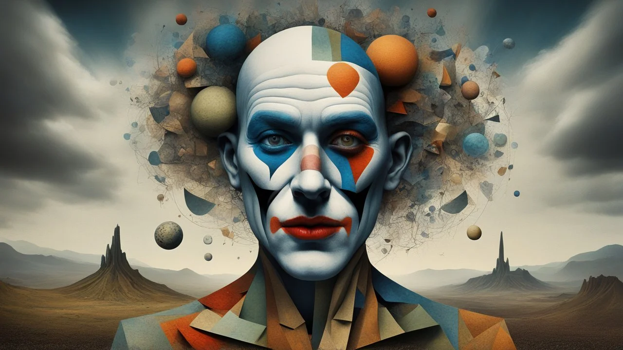 time-lapse photography, character from joker, Painting in the style of Igor Morski and Paul Klee blending elements of expressionism, cubism, futurism, surrealism, and abstractionism, a body entwined with surreal landscape, displaying human anatomy merging with fractal components of nature, earth tones dominate the canvas with selective color bursts, incorporating visual metaphors, Brazilian naturism fashion aesthetic, ultra realistic, digital painting, high intr