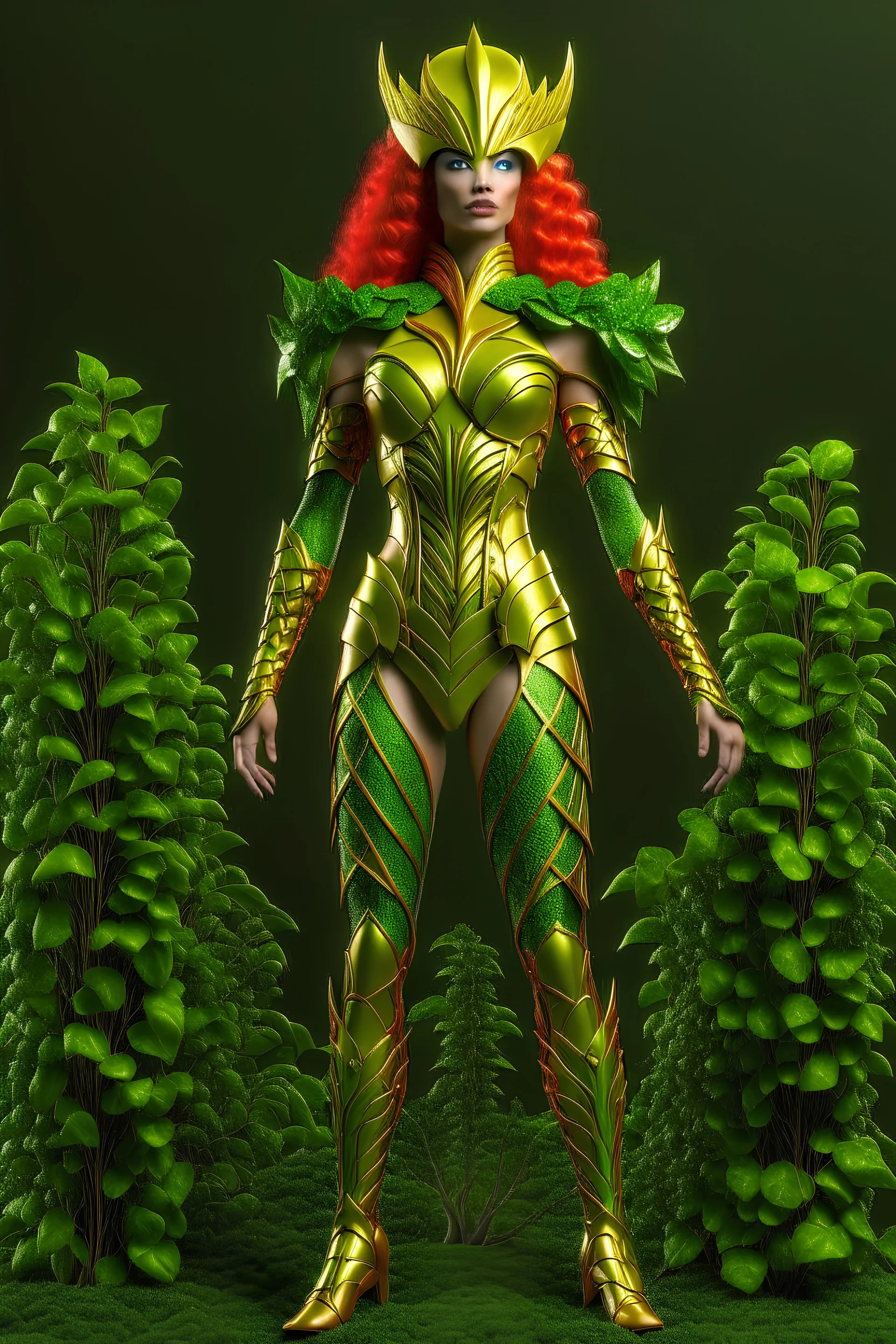 Realistic photo, full body of a badass super hero godess of plants