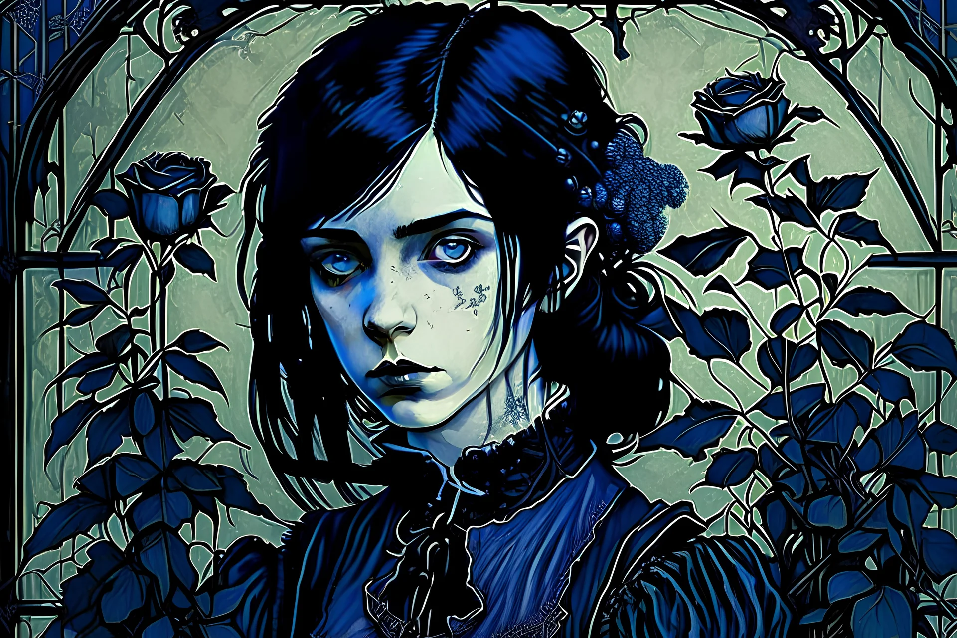 Gothic portrait of a young woman in the style of Arthur Rackham and Norman Rockwell. She has dark blackish blue hair and there are blueberry plants around her. Piercing blue eyes. Steampunk Wednesday Adams