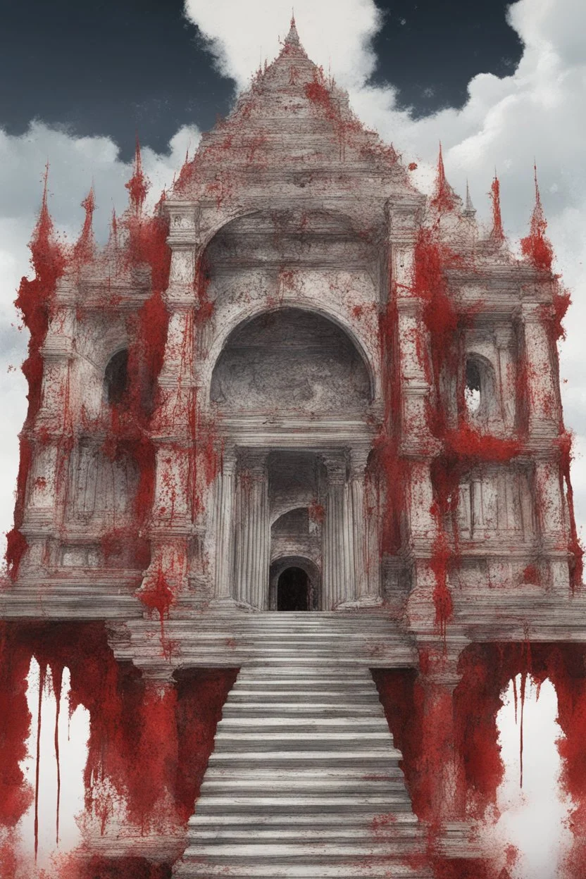 Broken temple with the floor covered in blood, detailed painting, sky of blood