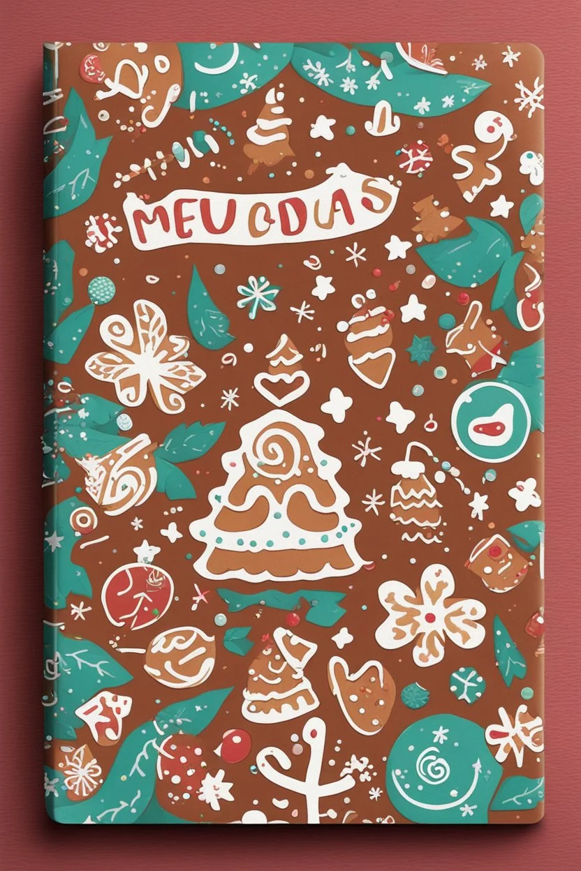 Create a bestselling notebook cover with a festive holiday theme. The design should feature a cheerful gingerbread motif and vibrant colors, evoking the warmth and joy of the season. Incorporate traditional holiday symbols for an eye-catching and must-have look during the holidays.