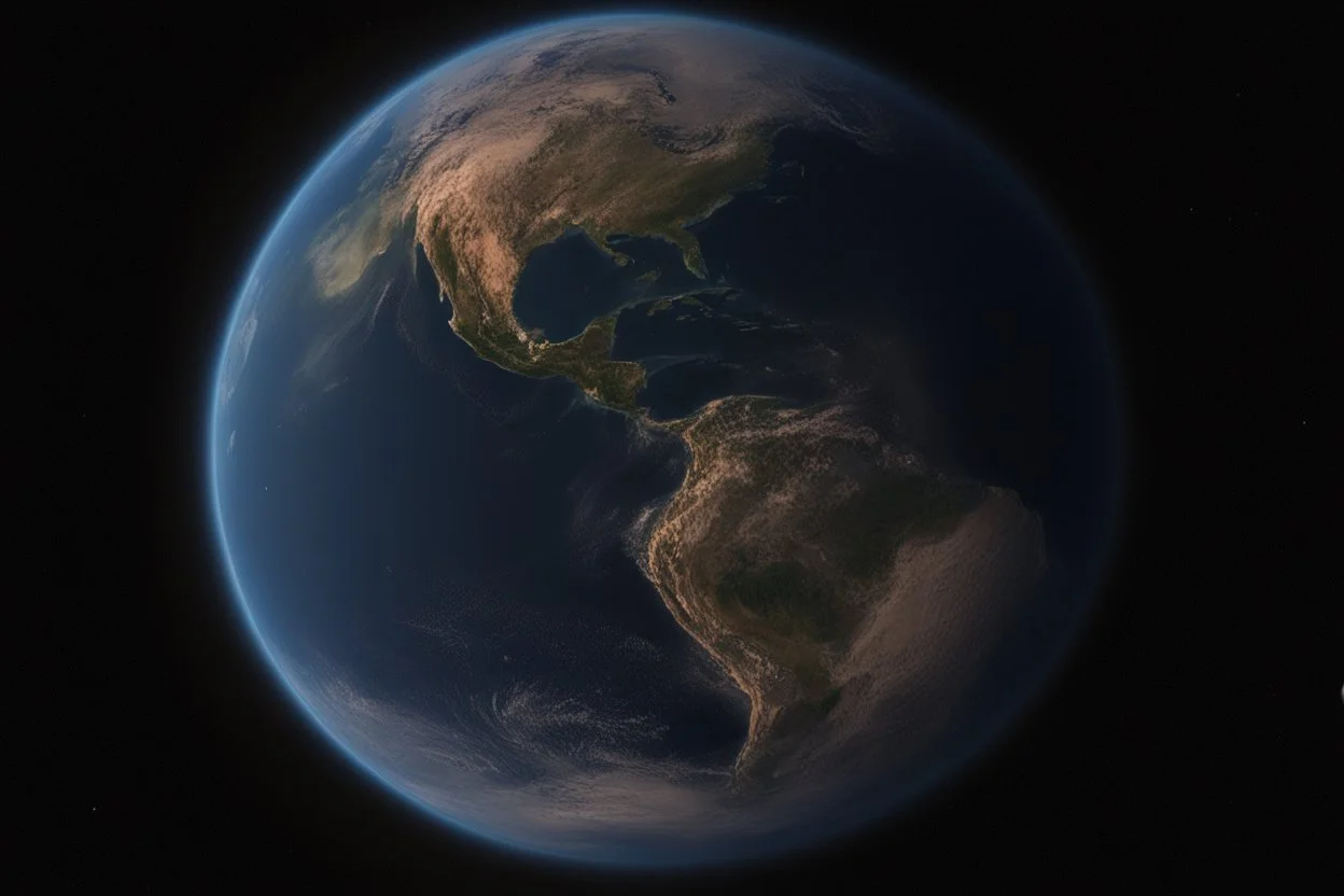 تصوير جوي للأرض من الفضاء، حيث يظهر الكوكب الأزرق الجميل في خلفية مظلمة وغامضة. تتلألأ سطح الأرض بألوانها المتعددة، ويتجلى لمحة من السحب والمحيطات. تنعكس ضوء الشمس بلطف على الجانب المضاء، مشيرةً إلى التنوع والجمال الذي تحمله هذه الكوكبة المعجزة.