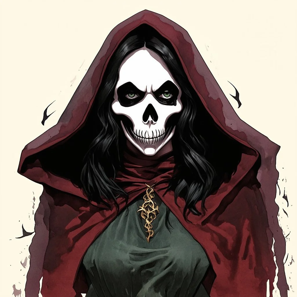 dnd, fantasy, watercolour, portrait, illustration, female, face, cultist, grim, dark, ruthless, merciless