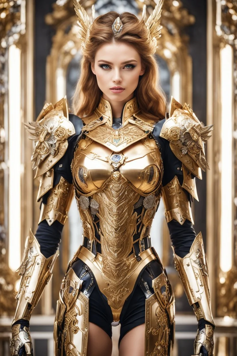 Excellent pose style Facing front Gorgeous Photography Super model Russian as Beautiful Woman Angel Queen Cyborg dressing armor gown luxury Mecha Robo Golden and jewelry,luxury ornaments background