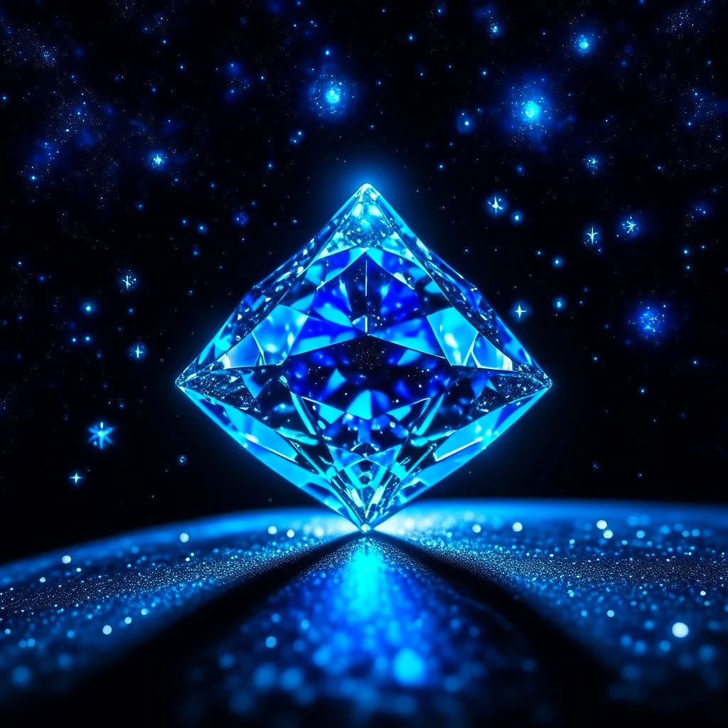 a beautiful blue diamond in a dark room with blue stars in the background sky