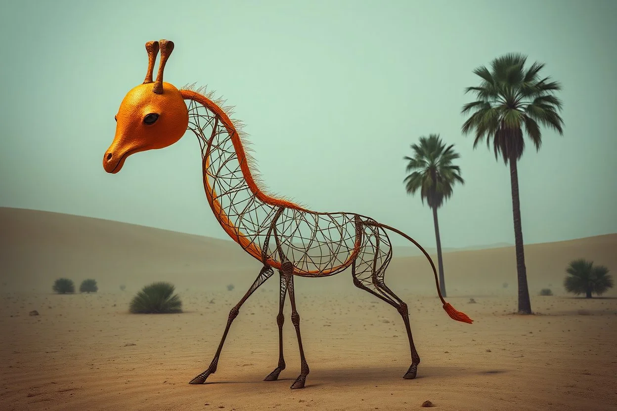 Enhance the surrealism in the scene with the anthropomorphic orange peel rind spiral giraffe-looking creature, emphasizing the spare, wire-peel sculpture with negative space, set in a dramatic, eerie desert with palm trees, to create a more profound and impactful visual.