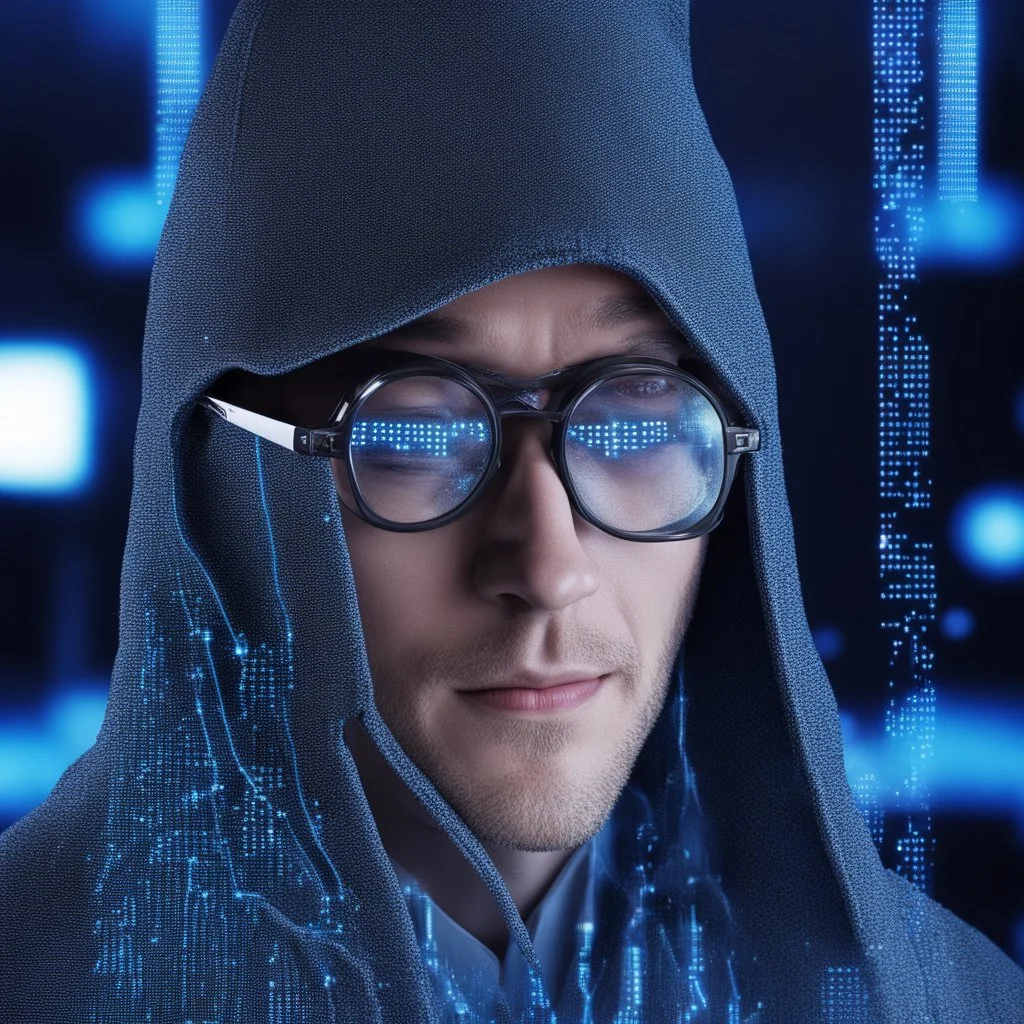 Cyber wizard using glasses with blue matrix backgroud