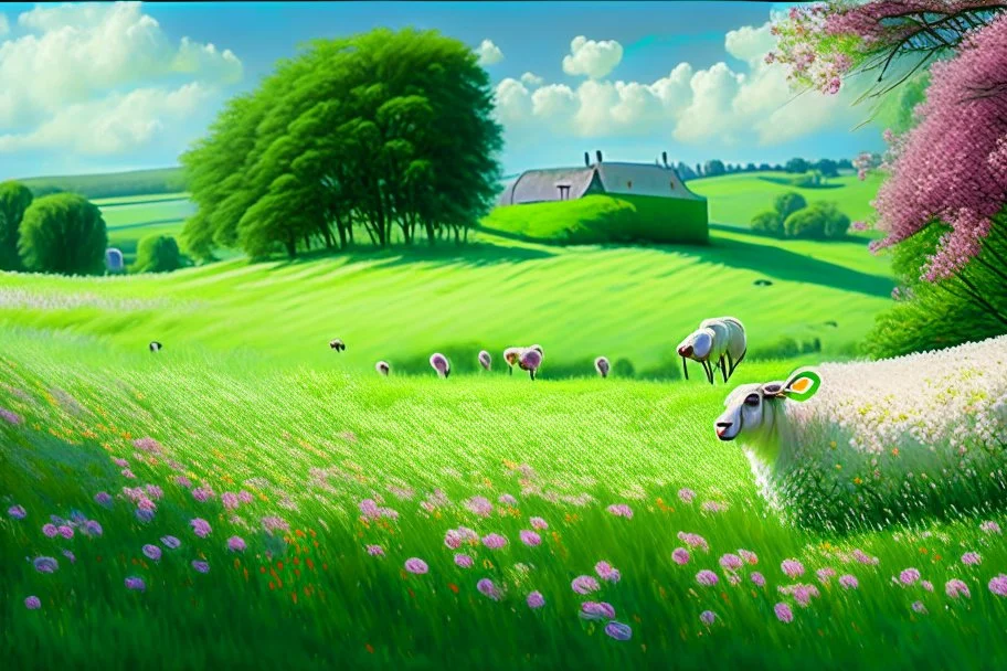 bucolic English countryside, peaceful sheep grazing in bright green grass, tiny colorful wildflowers Modifiers: extremely detailed bright studio setting 8k rose tones oil on canvas very attractive beautiful