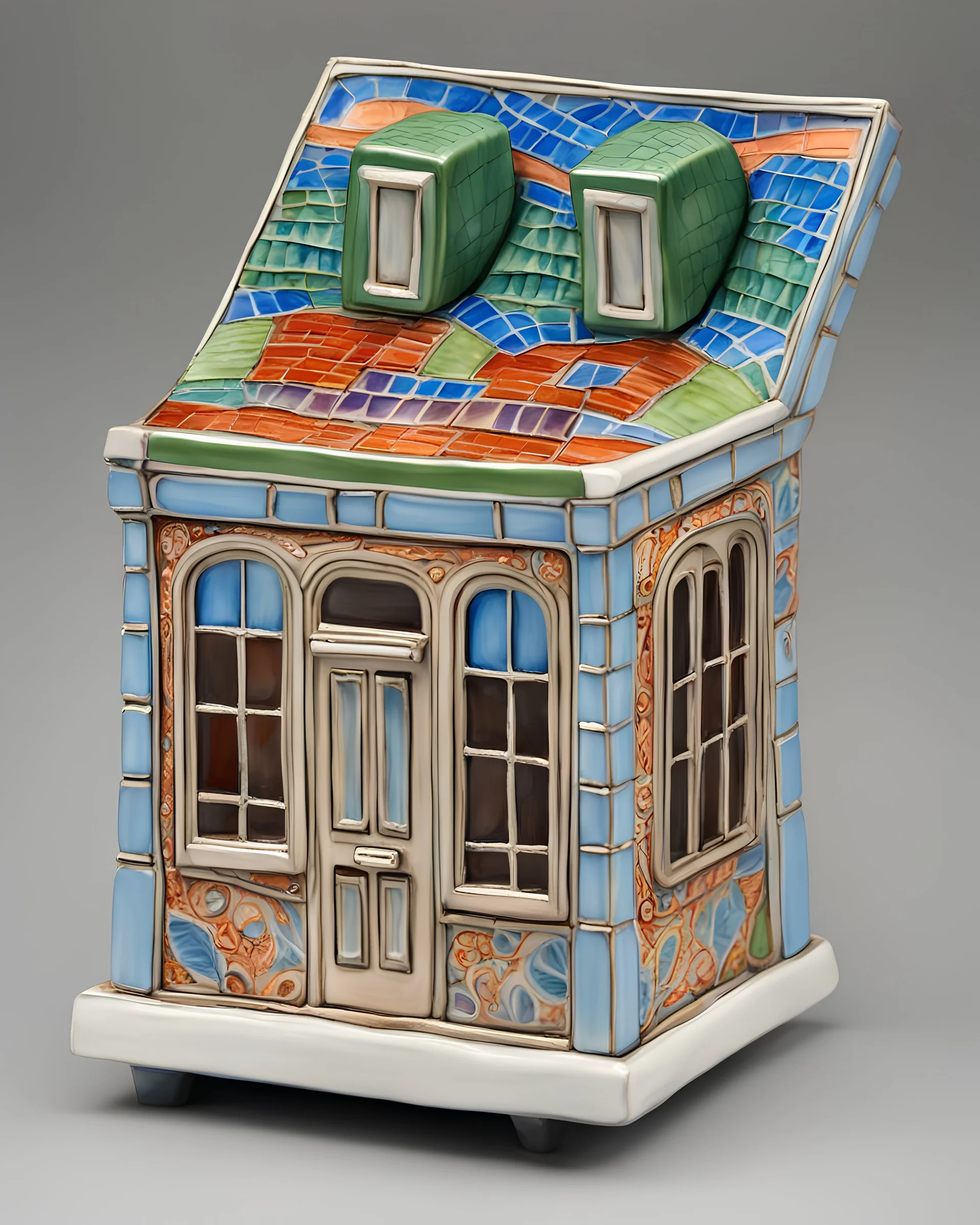 intricate porcelain sculpture of the square vacant street kiosk, miniature, figurine, circa 2000, painted and glazed ceramics, crocoitte and cherenkov radiation color palettes, 7 cm height, facade small square window for cash, flat roof, one-story, one-room, silver mean composition, hyper detailed, hyper realistic, sophisticated, contemporary urban art gallery, product-focused, sharp focus, inspired by Mark Rothko, Marc Chagall, Bruno Munari, Benetton, gestalt theory and metamodernism