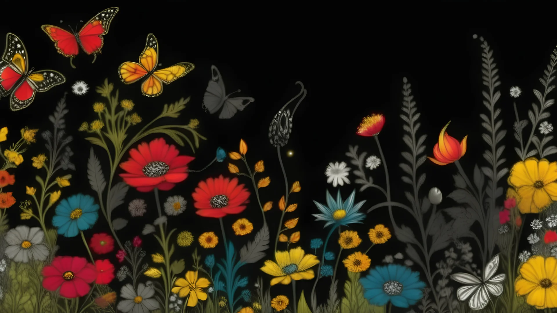 colorful, wildflowers and butterflies on pale black space paper, very detailed illustration, sketch, concept art, ink outlines, smooth