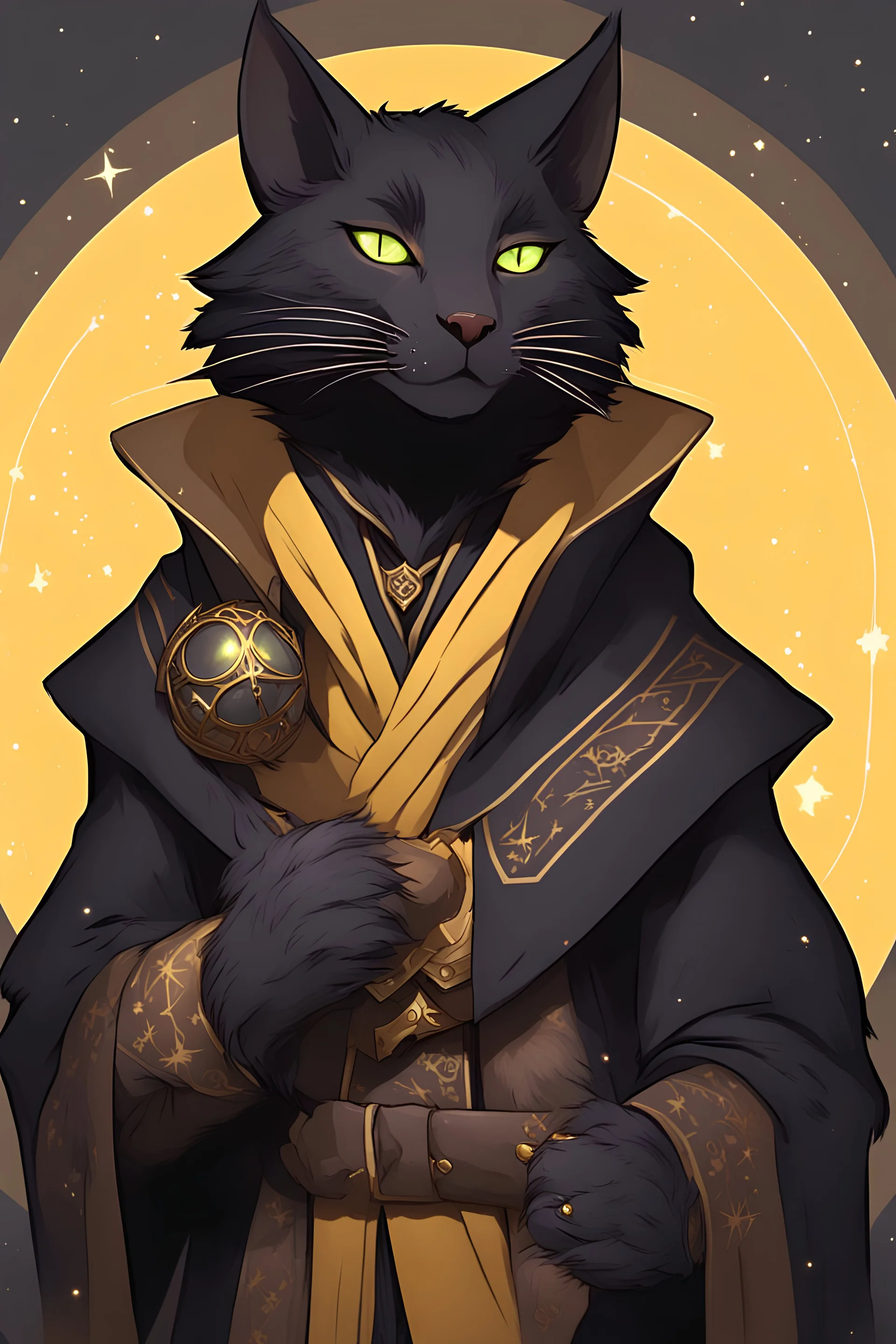 Tabaxi, DnD, black fur, Tall, Bard, Stylish cloak, glowing constellations on arms, charming, yellow eyes