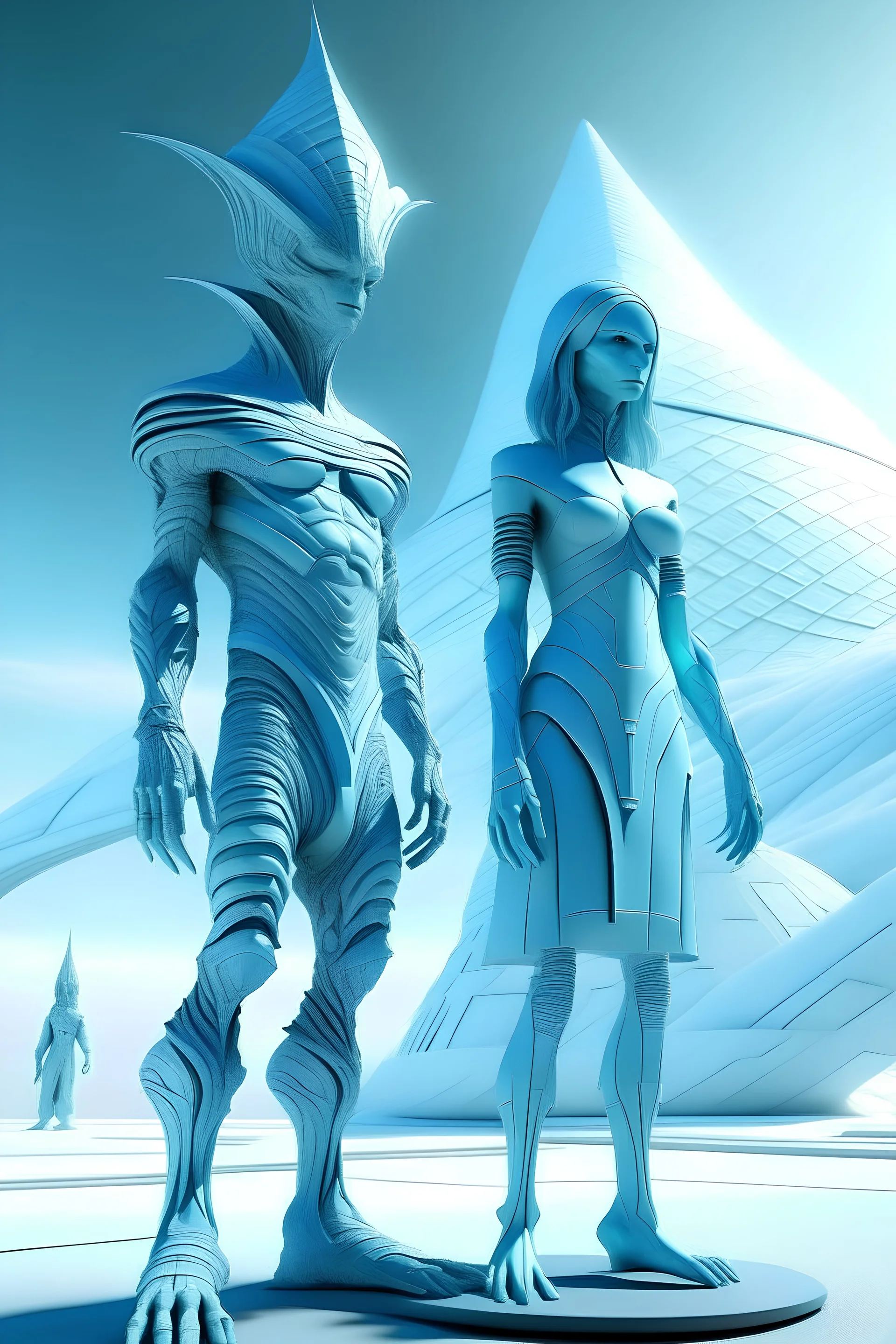 A standing Alien man and woman in the form of an ice-blue reptilian. Standing in an earth futuristic Pyramid City