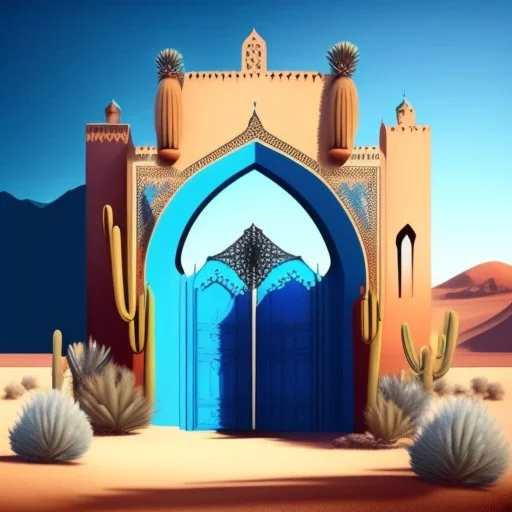 A gothic_arab gate in a blue wall with a view of a desert landscape