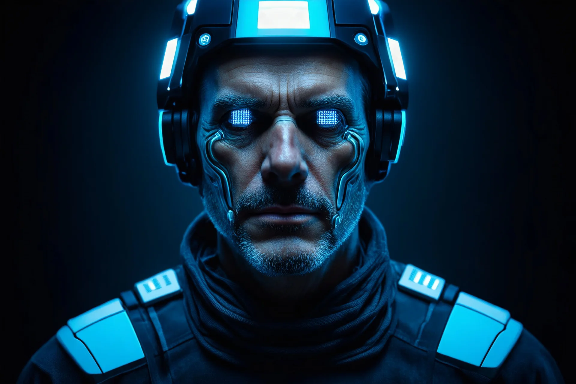 close-up portrait of a middle-aged man with cybernetic enhancements, wearing a futuristic neural interface helmet, glowing LED implants on face, cyberpunk aesthetics, highly detailed, cinematic lighting, soft shadows, emotional expression, realistic textures, 8k, HDR, full face
