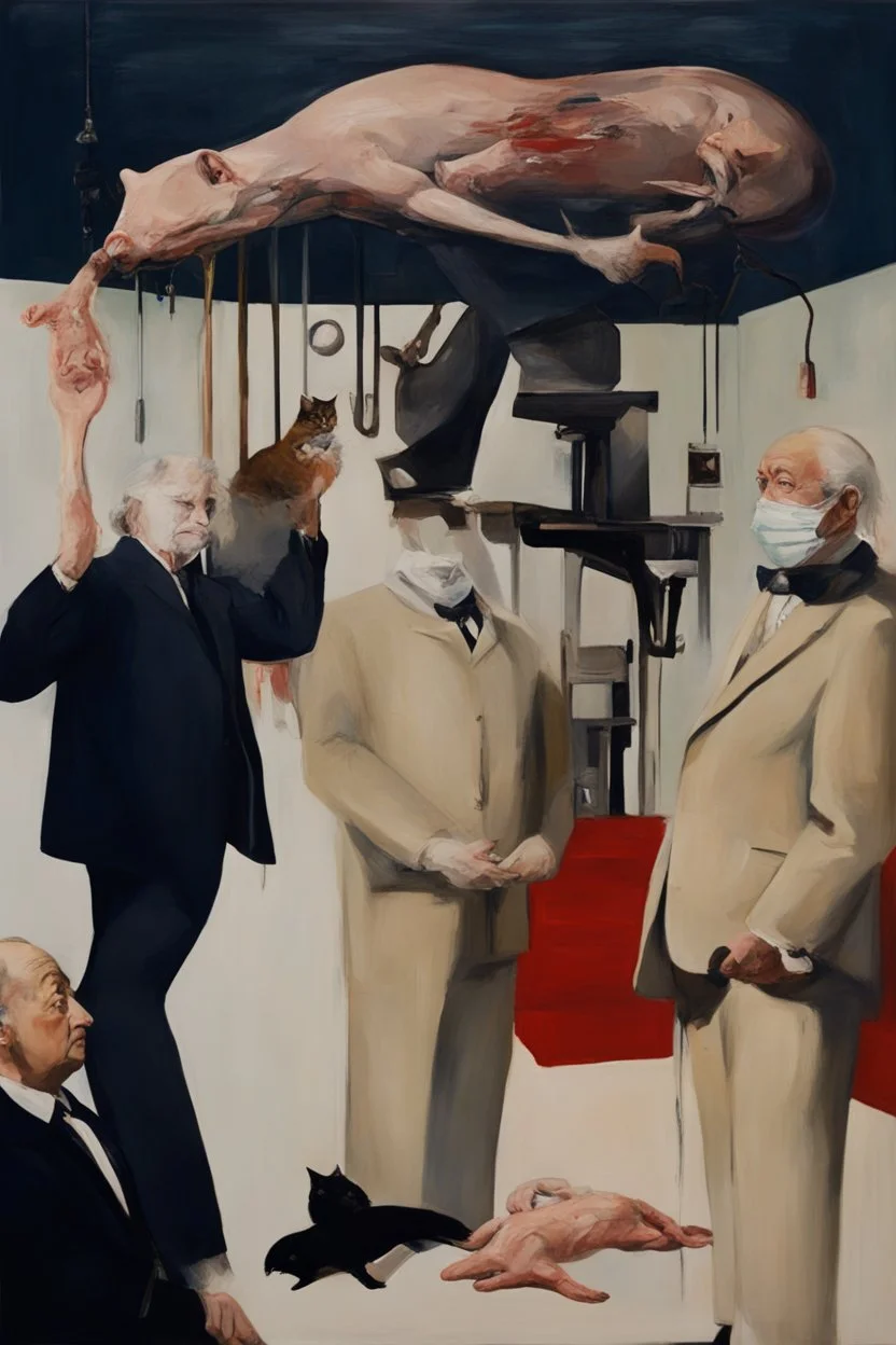 UN conference,a cat and human flesh-like surgical instruments and universe-like a pigeon and neuralink, surrealism,minimalism,Painting By Adrian Ghenie, Rene Magritte, Salvador Dali, Lucian Freud