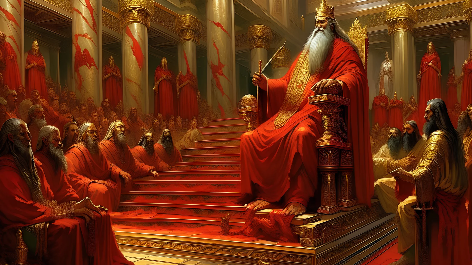 In a huge royal hall, at the top of a gigantic staircase, a mighty long-haired king sits on a throne, in his hand a long rod with radiance emanates. Above his head is the inscription TREND. Just below sit mighty men in beautiful clothes and above them is the inscription LEVELS. Even lower down the stairs there are people sitting, some of them in red clothes and other people in green clothes there is an inscription CANDLES. Cinematic lighting, epic composition