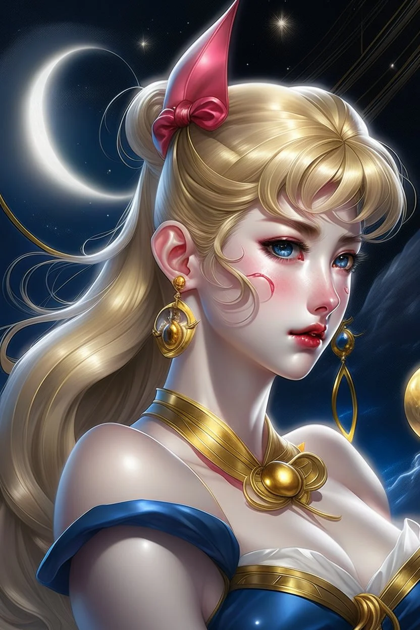 Create a stunning, photorealistic illustration of Sailor Moon's transformation sequence, highlighting her evolution into a beautiful and powerful woman. Ensure that the details, colors, and lighting capture the essence of her character and the magic of the transformation