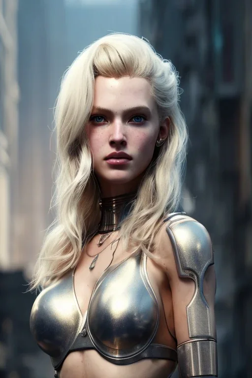 portrait of beautiful blonde amazing robot, post-apocalyptic in a cyberpunk city, realistic, intriacte detail, sci-fi fantasy style, volumetric lighting, particales,highly detailed,cinamatic, deep