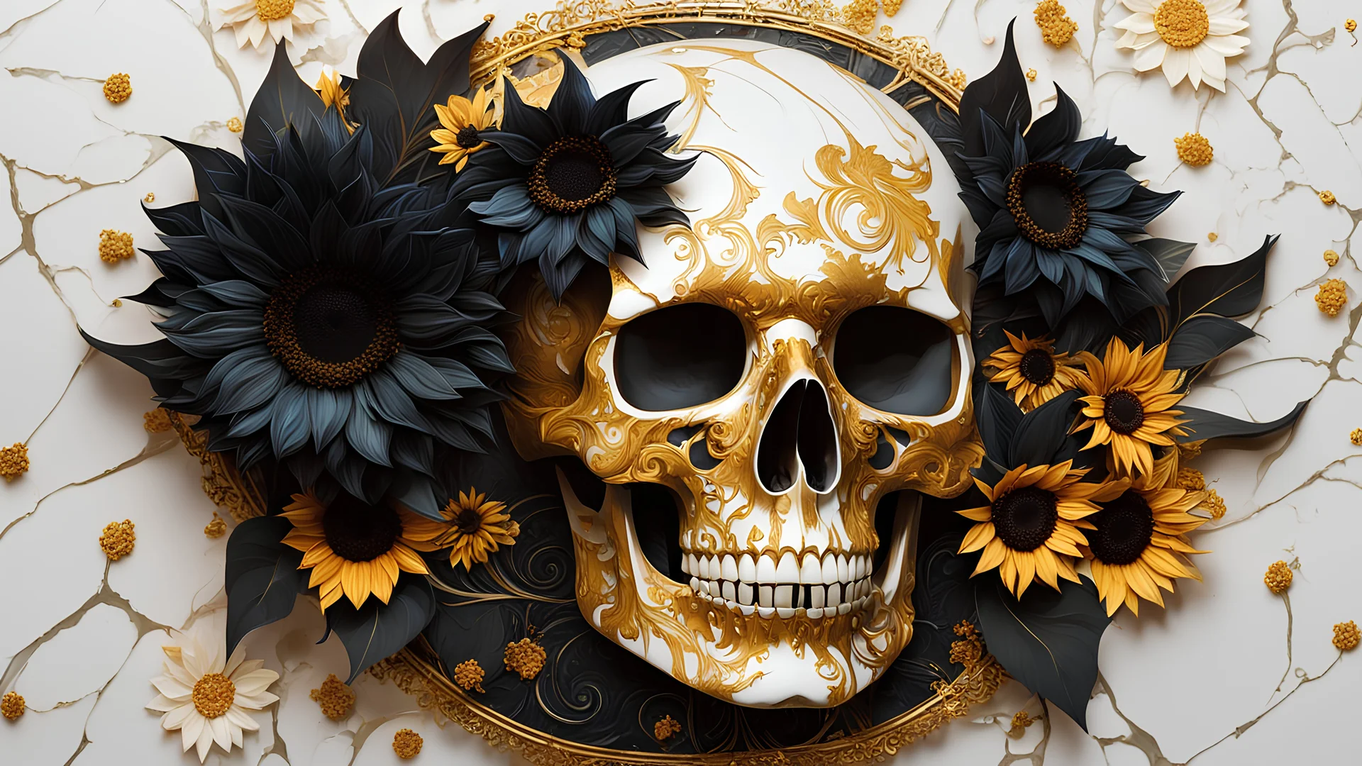 3/4 marble skull with gold filigree inlay surrounded by black sunflowers model made of Hiroaki Takahashi art ultra perfect composition 3d liquid detailing fluid acrylic by Greg Tocchini, James Gilleard, Joe Fenton Kaethe, Butcher Bosch, Dan Mumford, Kandinsky art style [collage] [splatter] [streak] [crop] [cut]