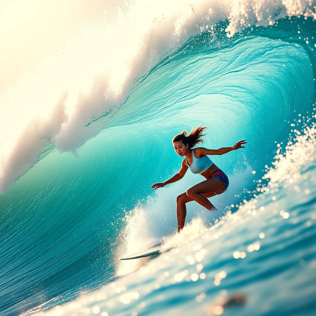 Dramatic sports photography of an female asian surfer surfing a big wave, sunny, vivid colors