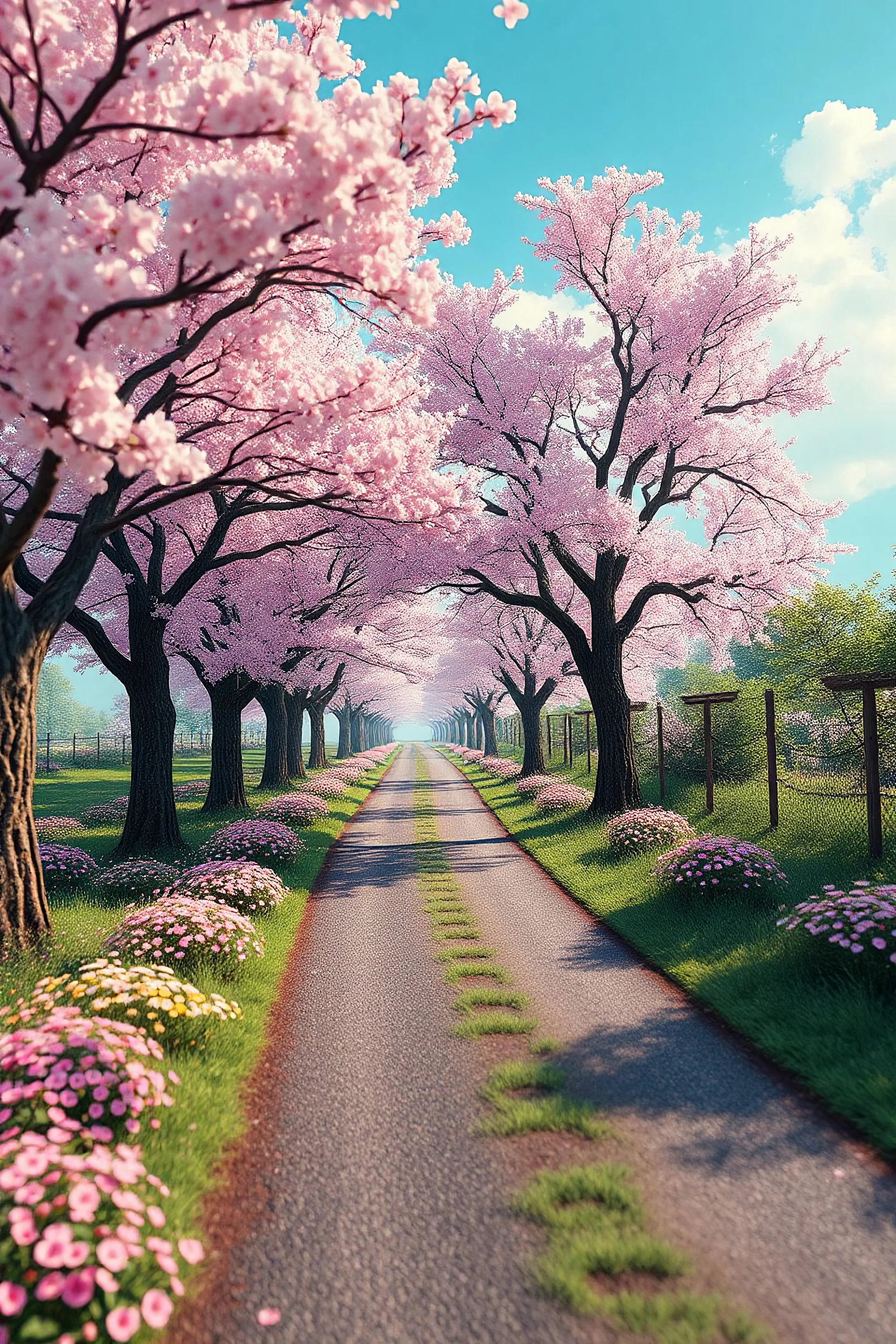 3d holographic editorial photo, A beautiful fairytale landscape, detailed, trees and sakura flower blooming along a road , fantasy, colorful flowers, green grass, soft, pretty visuals, aesthetic, artstation, shadow effect, insanely detailed and intricate, photorealistic, highly detailed, artstation by wlop, by artgerm, art by tom bagshaw, atey ghailan, andrew atroshenko, stanley artgerm..