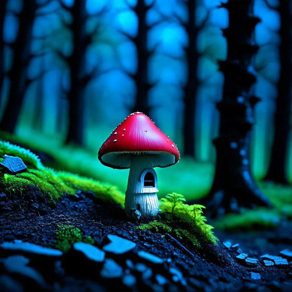 "Close up of a wonderful tiny Mushroom Tower home. indigo and red with bright white, deep black and contrasting tones of gray. Illuminated bioluminescent forest. Professional painter, master at composition. small but detailed. broken, blurred background, voluminous lighting"