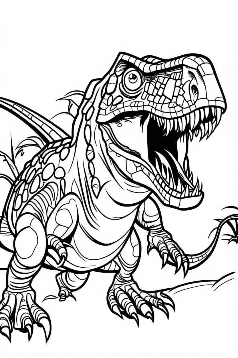 create a coloring page: Show a T-Rex raising its claws in a threatening display to ward off intruders from its territory. Kids can color the claws with sharp, contrasting colors to make them stand out. ink drawing clipart, simple line illustrations, colored