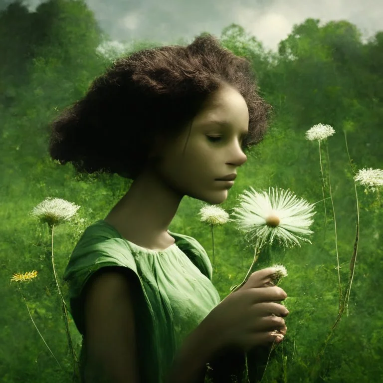 green dandelions and a girl