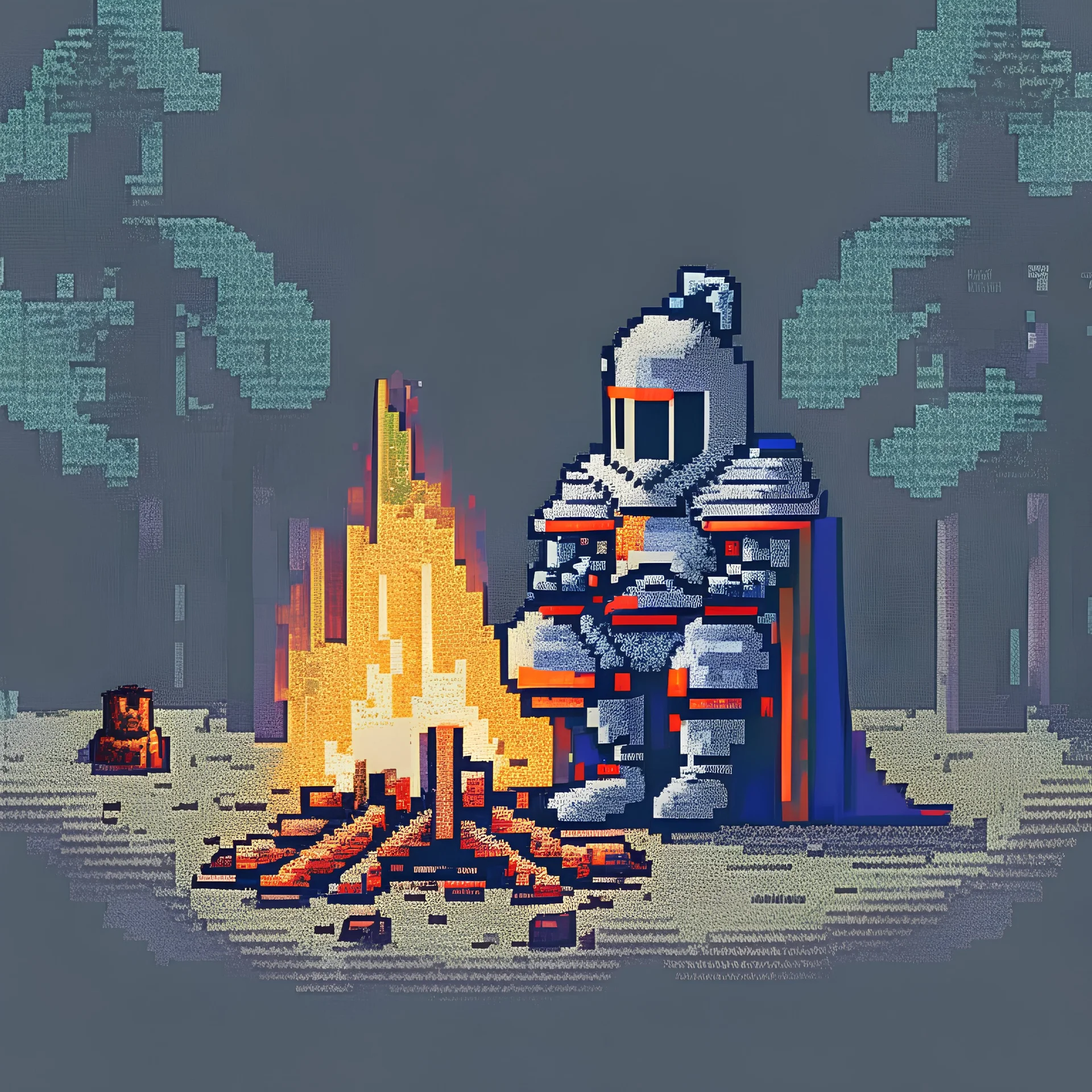 A knight sitting close to a campfire, pixelart