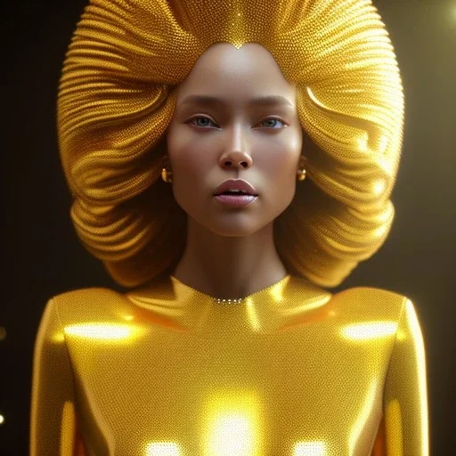 beautiful cosmic golden woman, long hair, nice smiling, magic glamour make up, delicate colors, beautiful glamour galactic golden dress, ultra sharp focus, 8k, unreal engine 5, extremely sharp detail, light effect, soft light atmosphere of a spaceship, smooth, full of details, face in front, complete vision of body