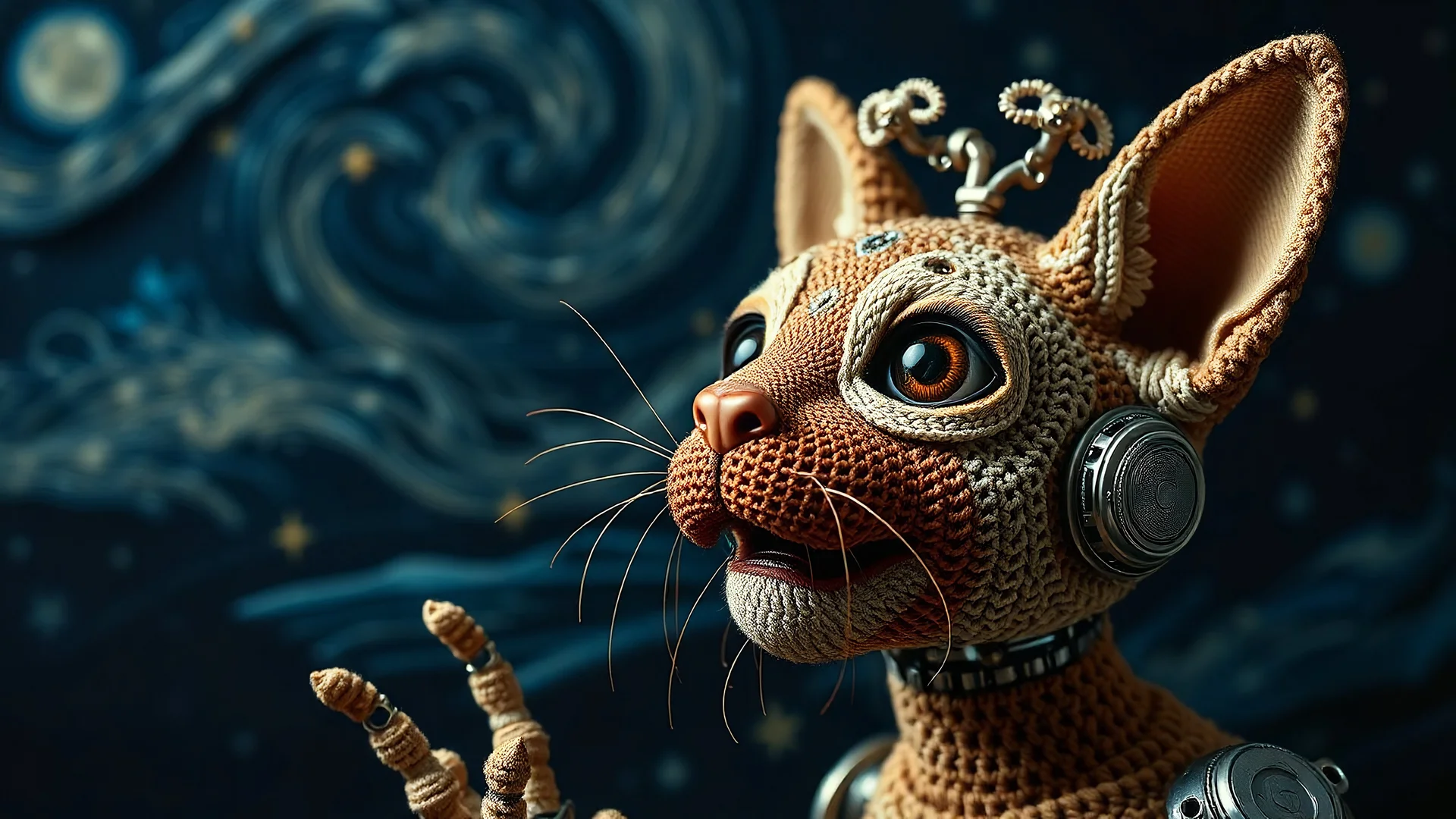 A captivating full boby juxtaposition in Dariusz Zawadzki's work blends art informel aesthetics with intricate crochet, seamlessly merged into a photorealistic, antiquarian A mind blowing moiré pattern, dark background starry night organic photo by tim walker mesmerizing singing with expressive eyes super-granulating Aubusson tapestry algorithmic art. The subject's playful expression takes an intriguing twist, merging with mechanical components and robotic appendages to embrace an authentic cy