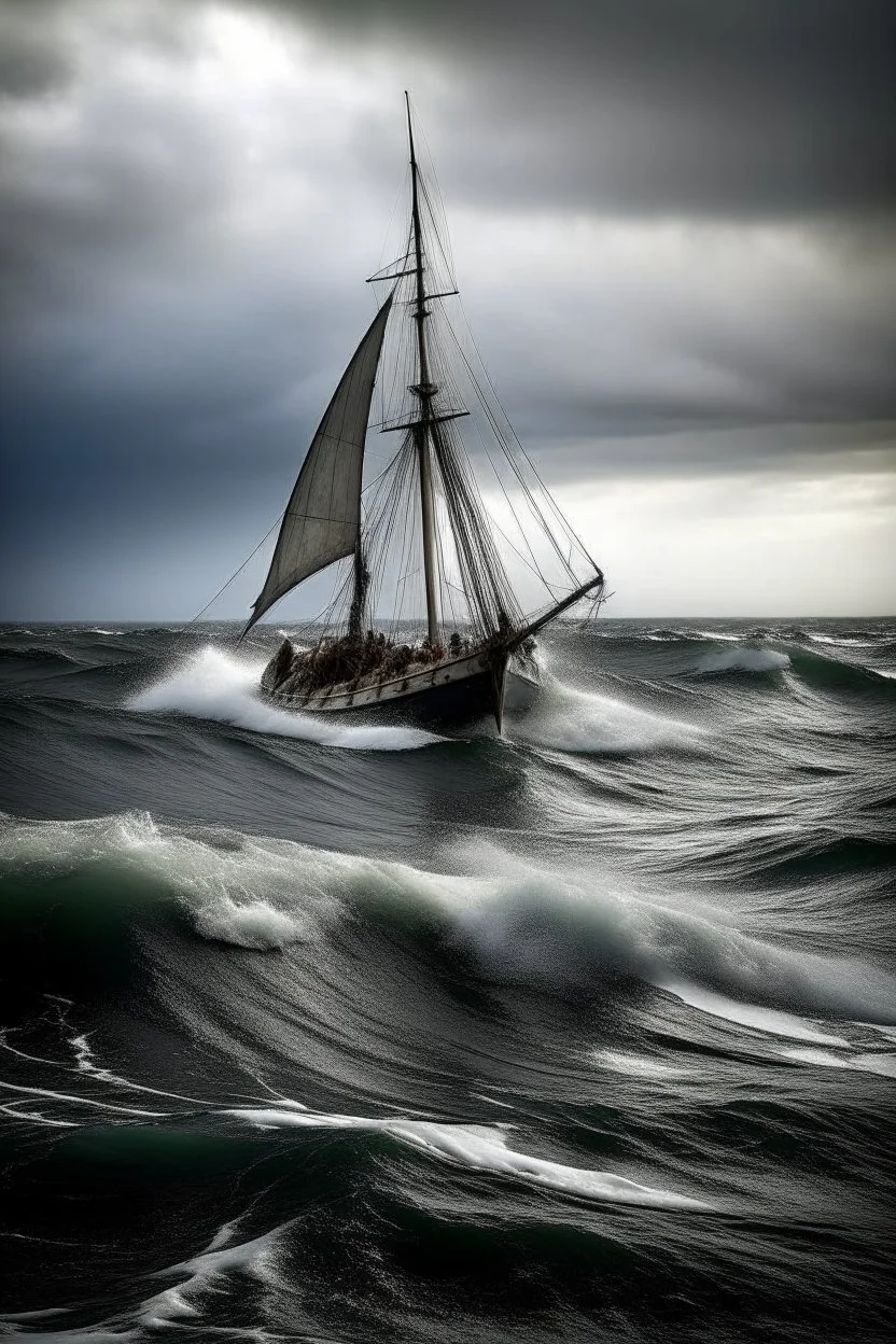 un ancien grand bateau à voile, incliné de 45 degrées, dans un océan extrêmement agité avec de très hautes vagues, et beaucoup de nuiages gris et de vent.