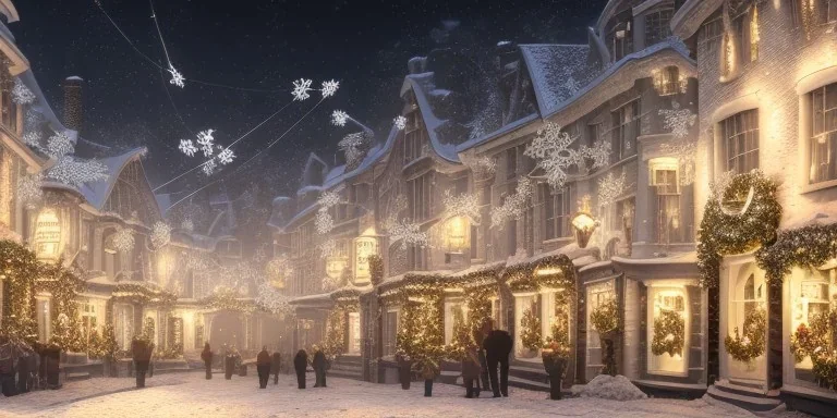 Diagon Alley in christmas night, short snow flakes, many three, Christmas decoration, Christmas light, high contrast, best quality, 8k, hight detailed, 3d, render, lumion, shooting star, intricate,