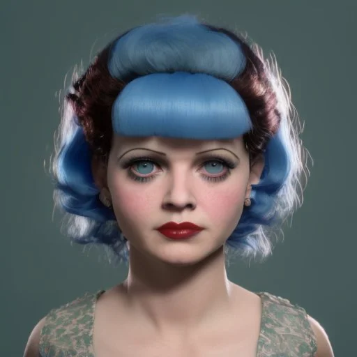 Clara bow with blue hair, big brown eyes, flowers