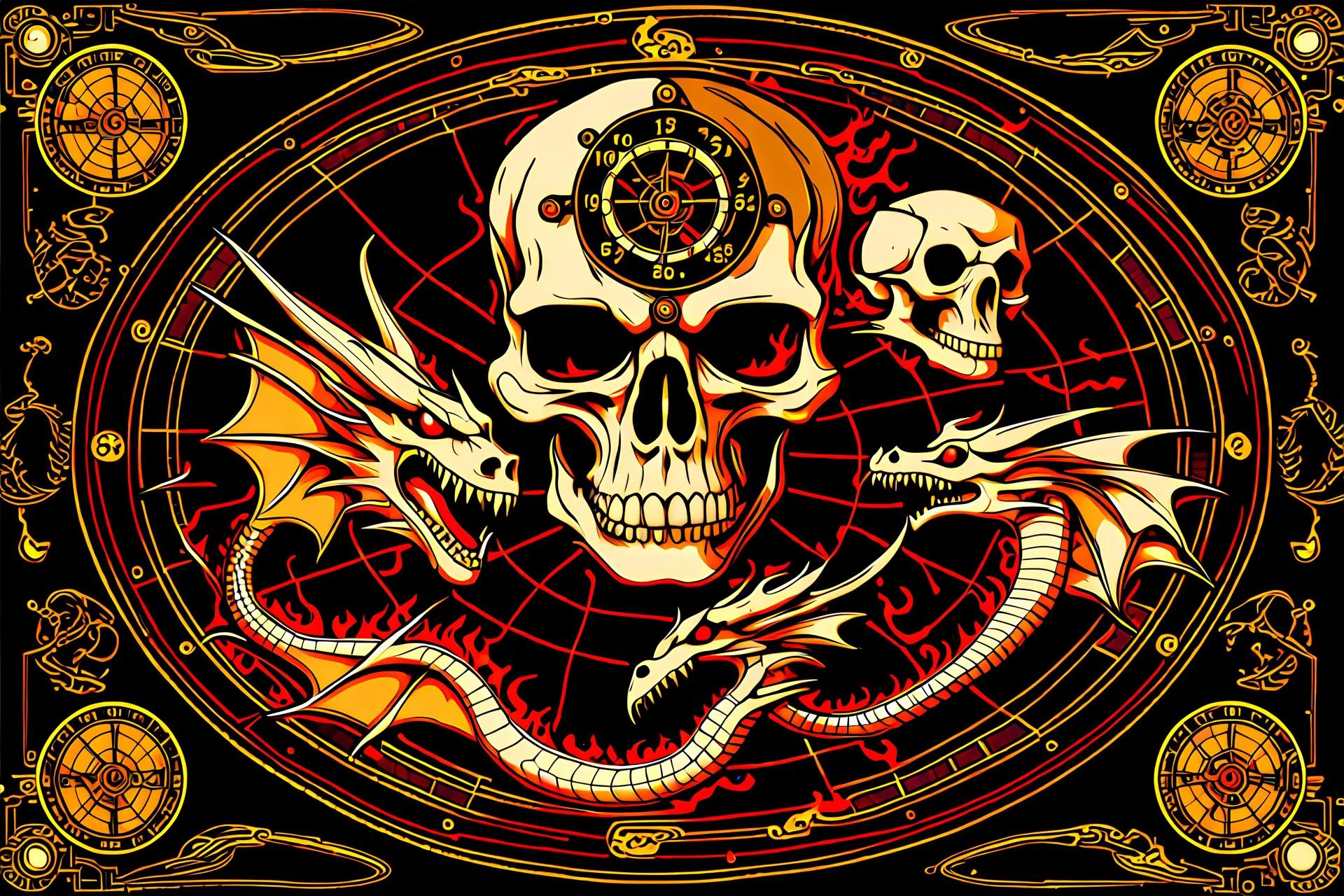 Dragons, Fire and Smog, Skull, Dartboard, Steampunk, Univerum, cartoon