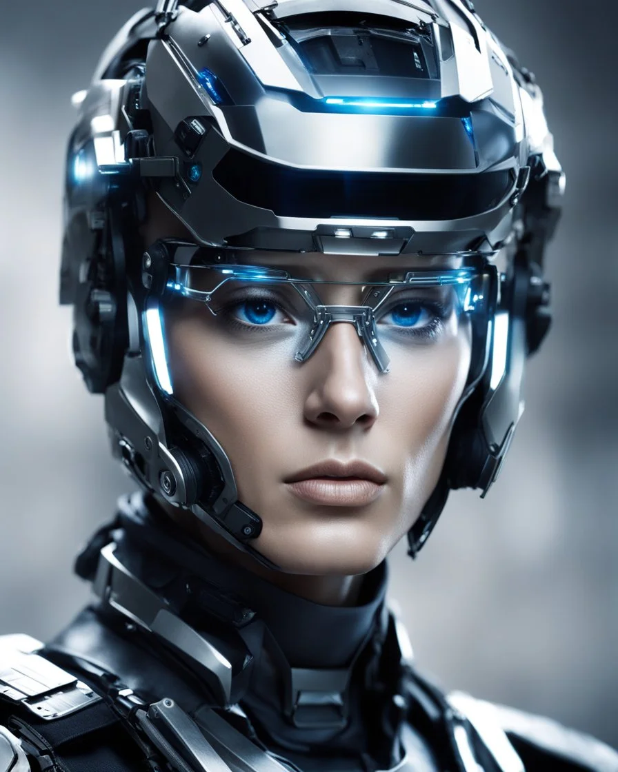 Face of Hi tech futuristic soldier cyborg with enhanced vision, wearing sleek, metallic headgear reminiscent of Google's Project Glass.