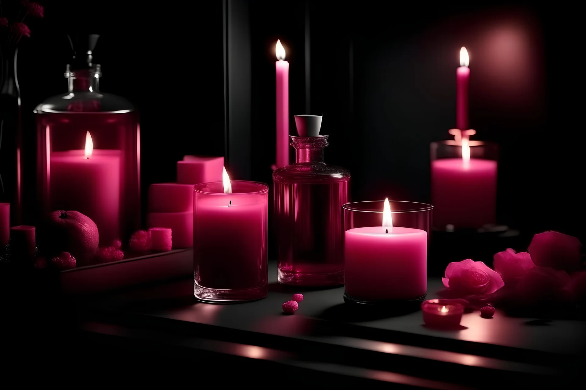 generate me an aesthetic complete image of pink perfume in dark room with candles de