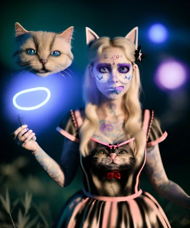 Ultra realistic photo, happy couple, blonde Alice woman and purple cat smoking a pipe + circus blue dress style + black headband with bow + old school body tattoo, smoke, marihuana garden, glow eyes, perfect iris, soft color, highly detailed, unreal engine 5, ray tracing, RTX, lumen lighting, ultra detail, volumetric lighting, high definition.