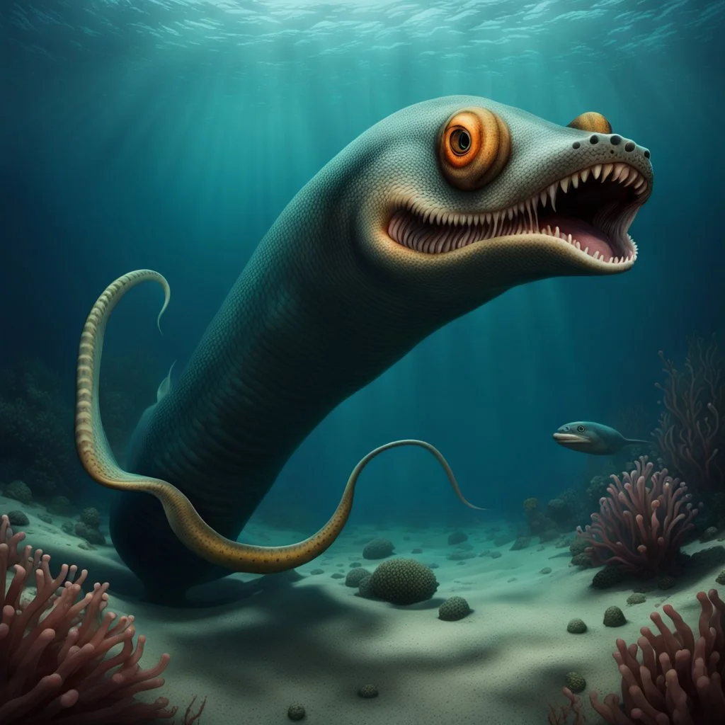 a sea monster with a dog's head, the body of a moray eel, fins of a fish, swims in the ocean