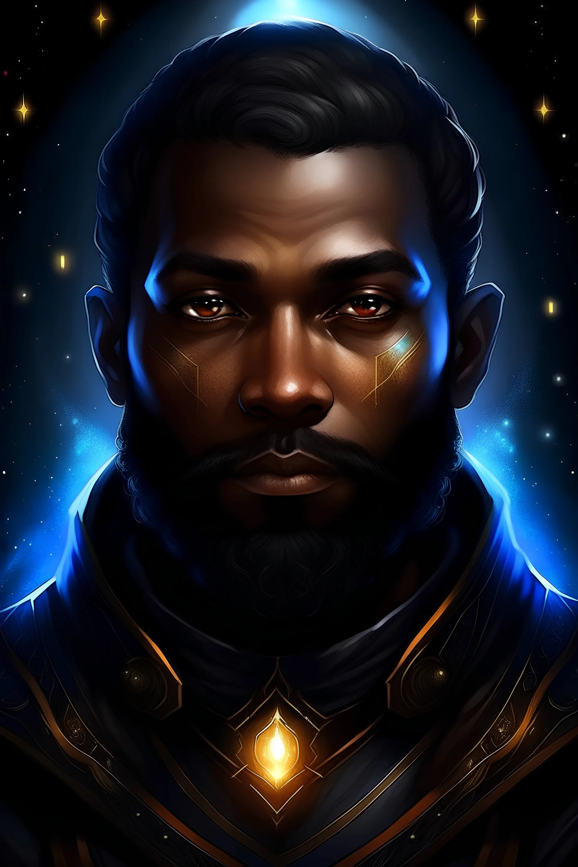 Generate a dungeons and dragons character portrait of the face of a male cleric of the night, human that looks like a black young man with beard. Has glowing eyes and is surrounded by holy night light . Realistic style, high res. No tatoo on the face