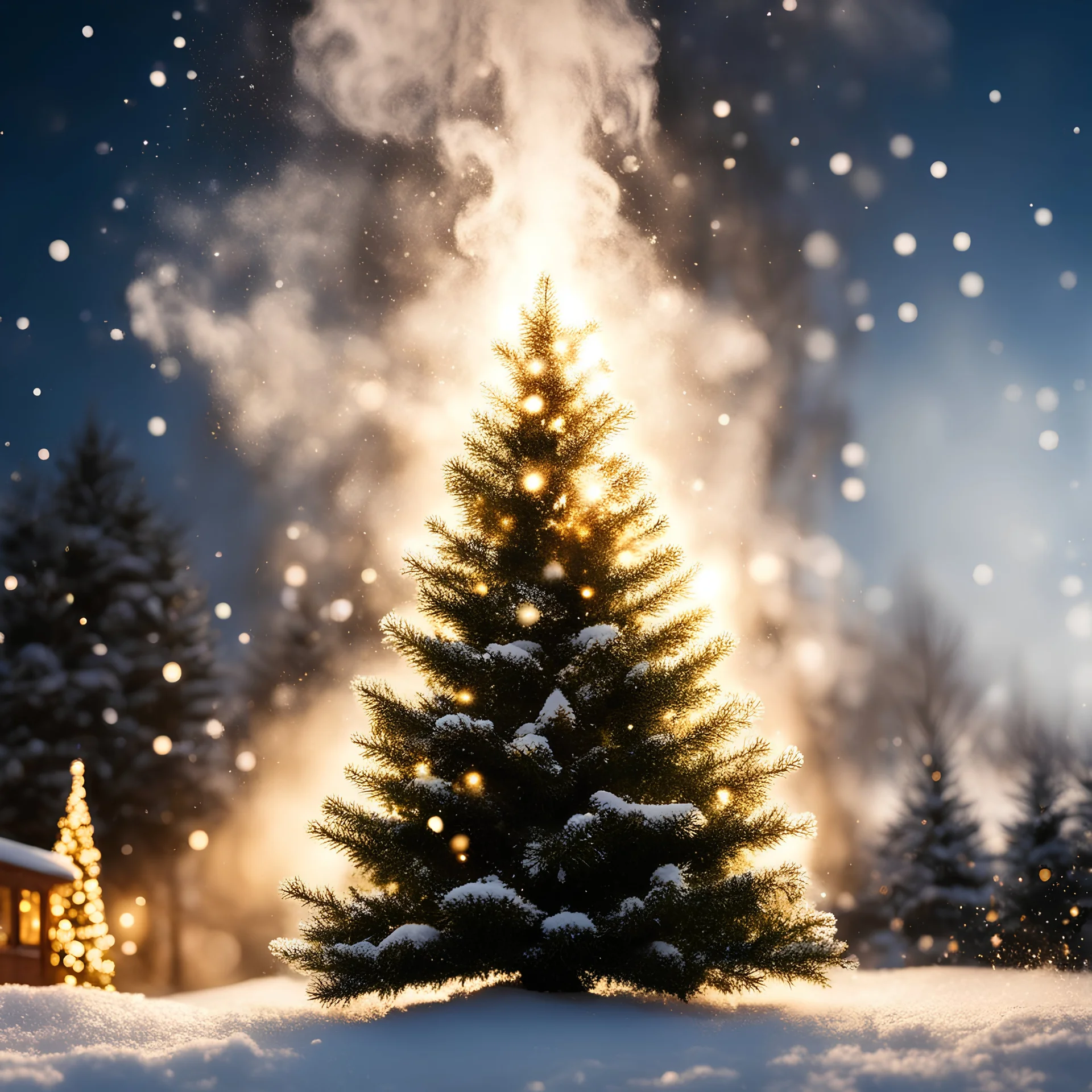 Extreme Macro Photography, HD, Photo Realistic. Centered. Linear perspective,merry christmas, christmas tree, smoke trailing out chimney, white snowflakes falling . Backlit by very soft golden glow lighting