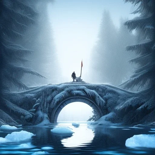 fantasy art of close up on big wolf and a wizard walking under very tight tree bridge over icy water