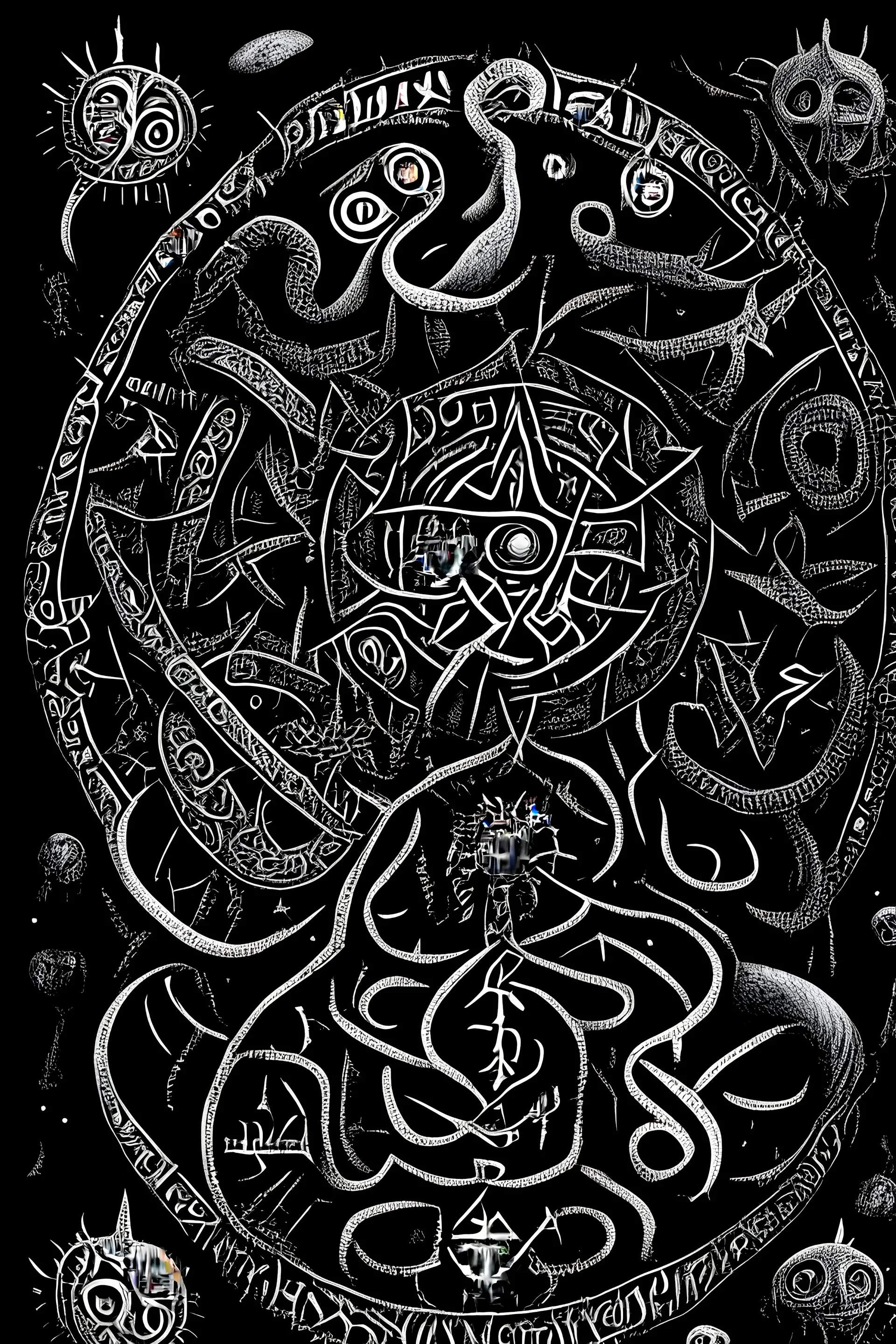 A highly intricate,complex, evil Lovecraftian mandala made of Lovecraftian elder gods,tentacled monstrosities,Elder Sign, Cthulhu,Yog-Sothoth,Nyarlathotep,Azathoth,pnakotic script, and occult symbols,black and white.