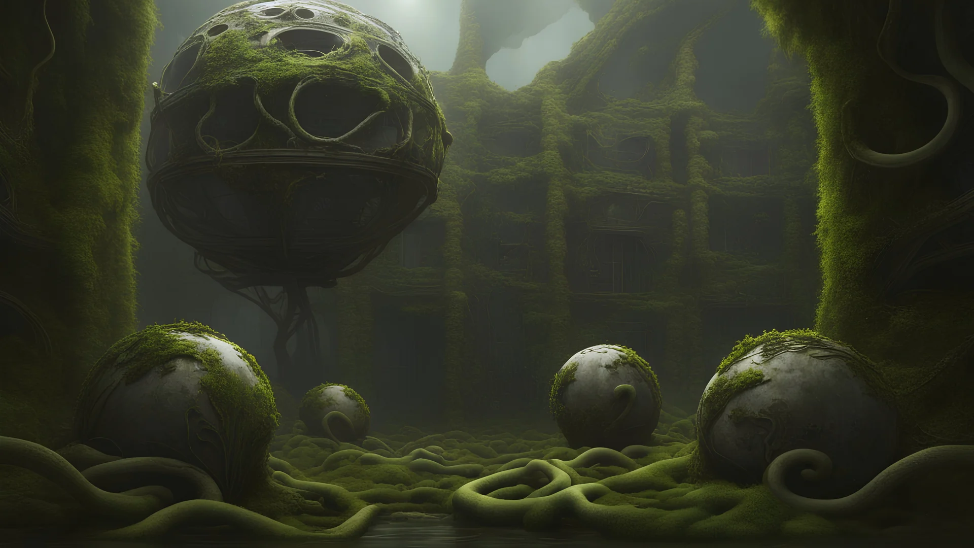 Surreal floating alien balls with tentacles, rampant foliage, vines, and moss, next to a derelict alien building, photorealistic