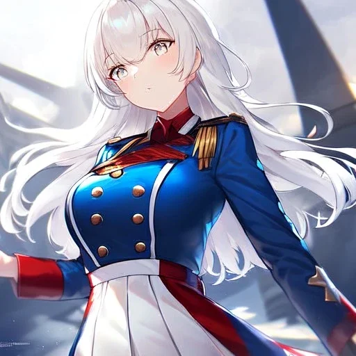 Clear focus, High resolution, medium length hair, white cyan hair, cyan eyes, wearing a american uniform, Sighing, wearing a medium skirt,