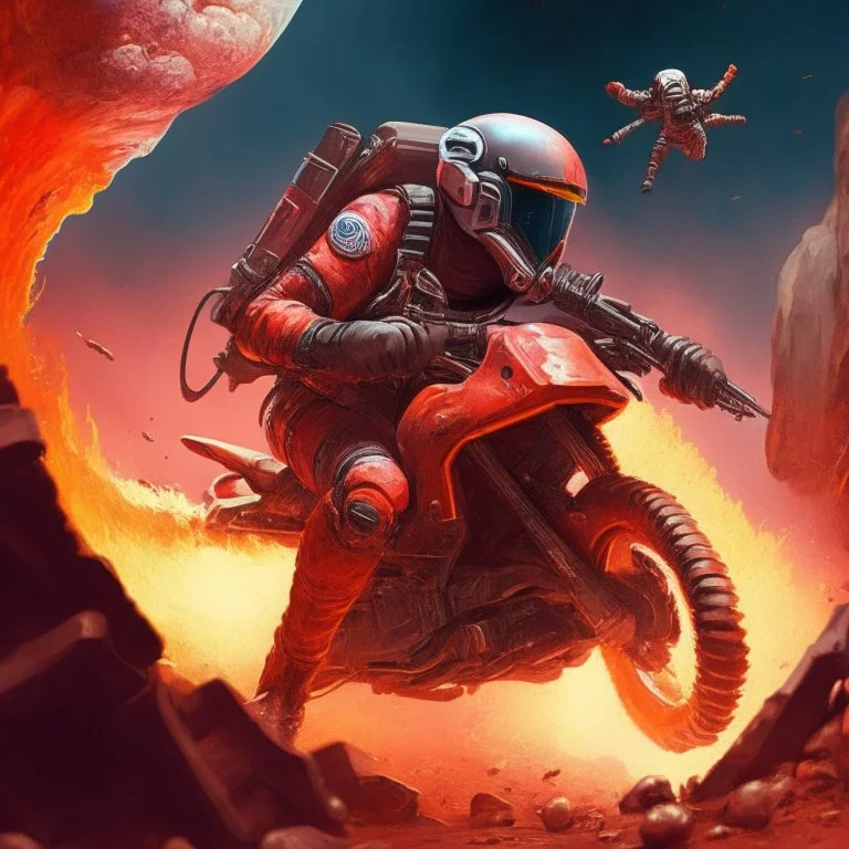 Motorbiker jump in lava planet with magma gun, wasteland style.